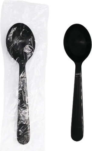 Vista 12 de Party Essentials Juego de utensilios de plástico negro envueltos individualmente/paquetes de cubiertos resistentes