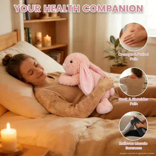 Vista 3 de SuzziPals Almohadilla térmica de conejo rosa calentable y refrigerable para calmar y relajar, peluche de conejo rosa lavanda para molestias
