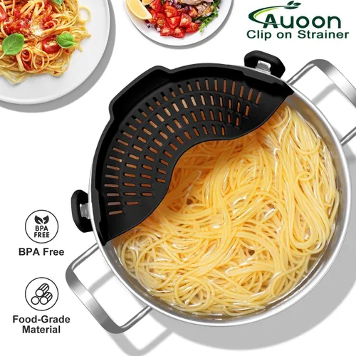 Vista 3 de AUOON - Colador con clip para todas las ollas, colador de silicona para pasta, colador de cocina para drenar fideos, grasa de carne molida