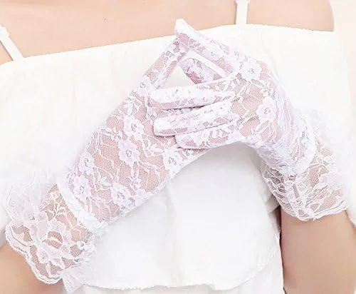 Vista 4 de Onwon Guantes de encaje transparentes elegantes para mujer, guantes de verano de cortesía, Blanco, M