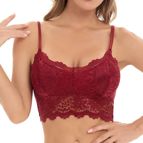 Vista 4 de Lencería de encaje sexy para mujer, brasier de tirantes sólido, a la moda, acolchado, parte superior sin mangas, ropa interior hueca