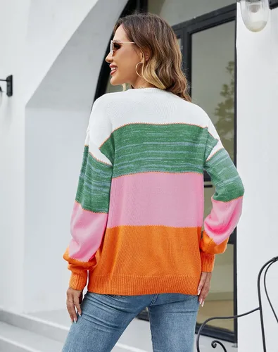 Vista 2 de LIFOER - Suéter de manga larga con bloques de color para mujer, suéter de punto de retazos, suéter casual con cuello redondo