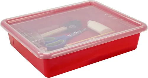 Vista 7 de Storex Bandeja de almacenamiento plana tamaño carta, contenedor organizador con tapa sin broches para aula, oficina y hogar, rojo, paquete de 5