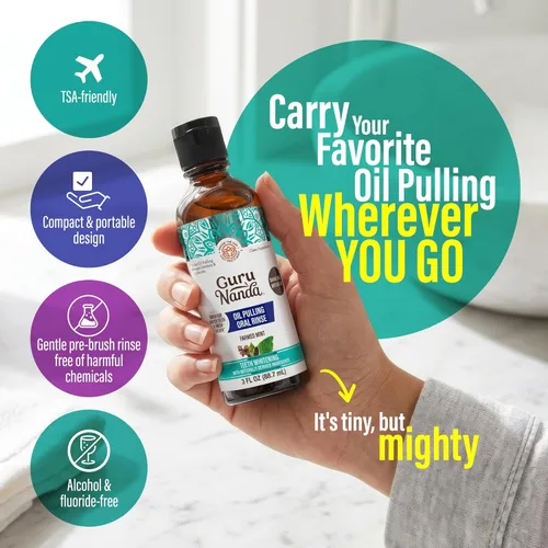 Vista 2 de GuruNanda Enjuague bucal con extracción de aceite CocoMint tamaño de viaje, 7 aceites esenciales y vitaminas, promueve el aliento fresco y encías