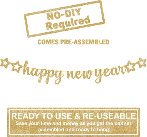 Vista 3 de KatchOn, Cartel dorado de feliz año nuevo – 10 pies, pre-encordado Cartel de feliz año nuevo con purpurina para decoraciones de Año Nuevo 2026