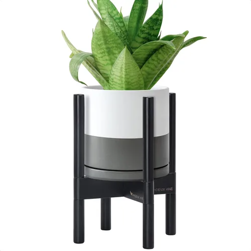 Vista 95 de D'vine Dev Maceta de cerámica con soporte de ébano – Maceta redonda moderna de 8 pulgadas con soporte para maceta de madera, color negro, 55-B-M-2