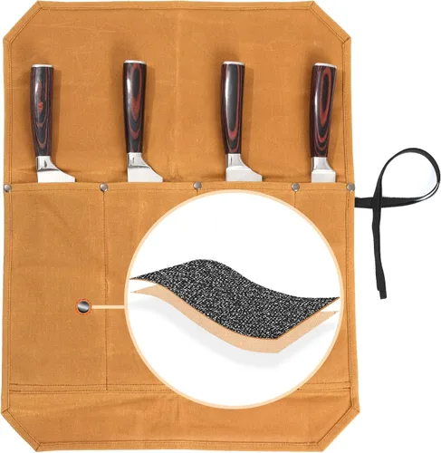 Vista 10 de Bolsa para cuchillos de chef, rollo para cuchillos con 4 ranuras, forro de tela especializado resistente a cortes, lona encerada resistente de 16
