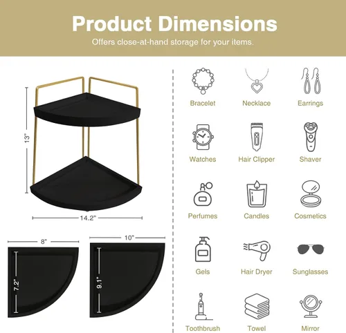 Vista 7 de Forbena Organizador de Rincón para Encimera de Baño en Negro y Oro, Organizador Moderno de Encimera de Cocina para Lavabo, Bandeja de Almacenamiento