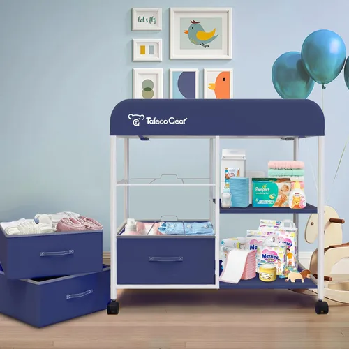 Vista 7 de Mesa cambiadora para bebé, mesa cambiadora portátil, estación de cambio de pañales con almohadilla impermeable, cómoda cambiadora con 3 cestas