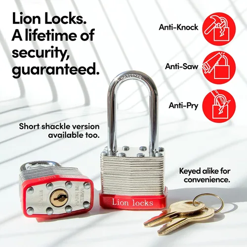 Vista 6 de Lion Locks 4 Candados de Llave Igual con Grillete Largo de 2", 8 Llaves, Candado de Acero Endurecido, Cilindro de Pines de Latón Resistente a