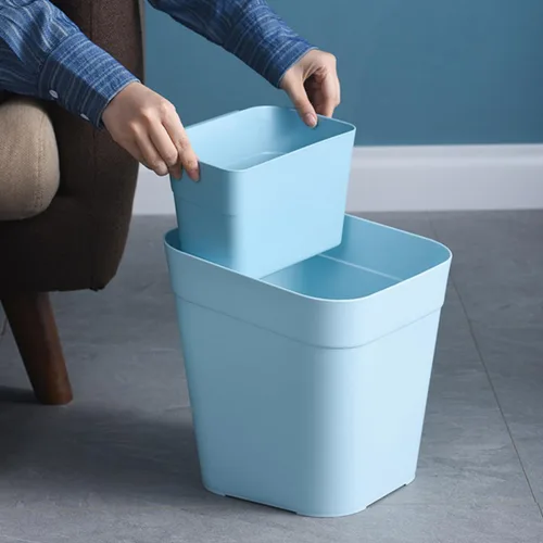 Vista 4 de Zerodeko Cubo de basura de cocina de doble compartimento, 2 compartimentos, cesta de basura de plástico para oficina en casa, color azul