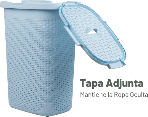 Vista 5 de Mind Reader Cesta de lavandería delgada con tapa, cesta de ropa de 60 L, diseño de mimbre premium, plástico, azul bebé