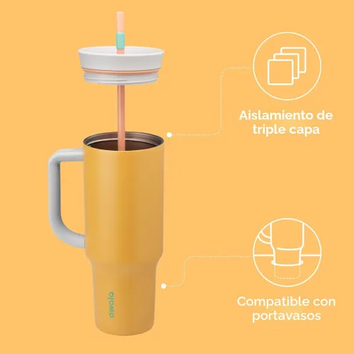 Vista 2 de Owala Vaso de viaje aislado de acero inoxidable de triple capa con tapa resistente a derrames, popote y asa de transporte, sin BPA, 40 onzas