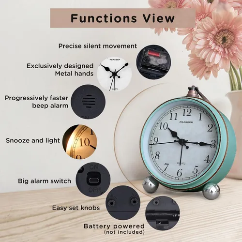 Vista 4 de Peakeep 4" Pequeño Reloj Despertado Retro Analógico a Batería para Decoración de Habitación, Reloj de Noche Silencioso Elegante para Escritorio
