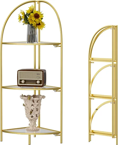 Vista 7 de Crofy Estante esquinero plegable de 3 niveles, soporte de esquina de metal para plantas con marco negro y estantes negros, estante de exhibición