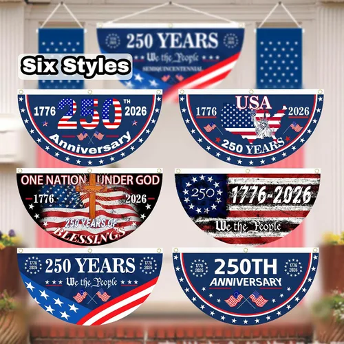 Vista 6 de 2 banderas de Estados Unidos con el número 250 aniversario, banderas de abanico 1776-2026 de 1.5 x 3 pies, bandera de aniversario de 250 años
