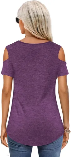 Vista 2 de Amoretu - Camisetas básicas de manga cortalarga con hombros descubiertos para mujer