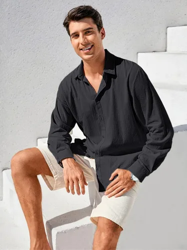 Vista 4 de Camisa de algodón y lino para hombre, con botones, color sólido, para verano, casual, playa, hawaiana