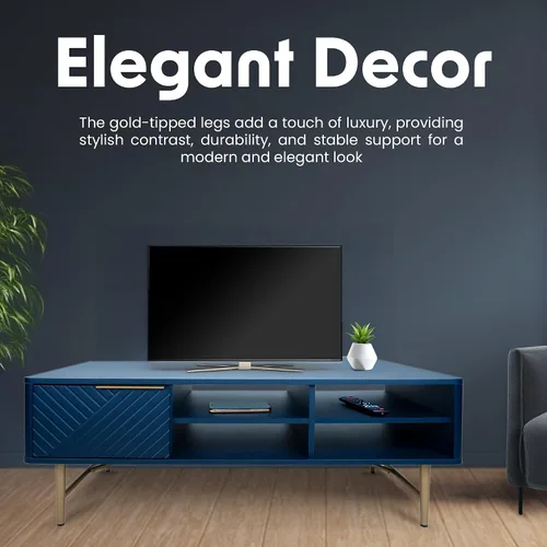 Vista 7 de Mesa de centro moderna con almacenamiento, acabado mate azul oscuro con patas doradas, mesa de centro cuadrada para sala de estar y granja
