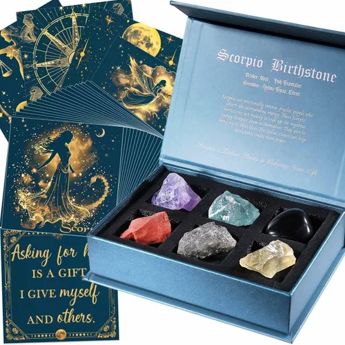 Vista 12 de Faivykyd Regalo de cristales de acuario para mujer, 6 piedras del zodiaco de acuario con 50 tarjetas de afirmación de mantras milagrosos, regalos