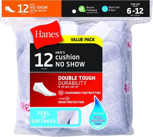 Vista 2 de Hanes Calcetines dobles invisibles para hombre, paquete de 12 pares, disponibles en tallas grandes y altas