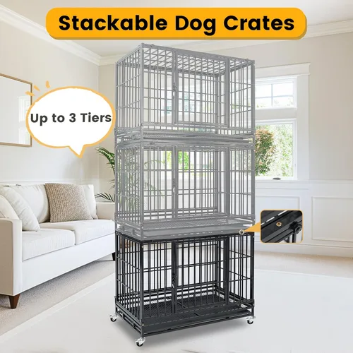 Vista 3 de Jaula apilable para perros de 36 pulgadas con ruedas con bloqueo, acceso superior, resistente e indestructible a prueba de escapes, jaula