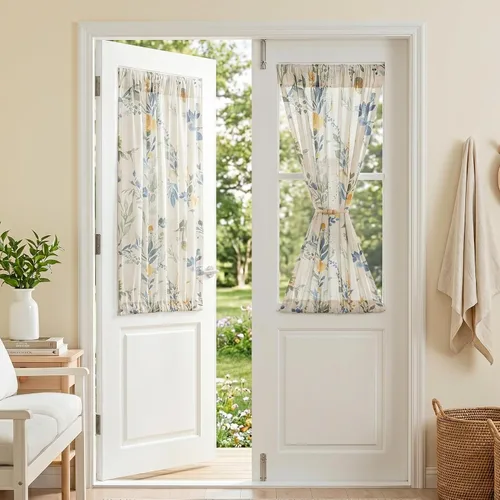 Vista 40 de MYSKY HOME Cortinas de lino transparentes de 45 pulgadas de largo para dormitorio, cocina, paneles de cortina florales, cortinas semicirverticales