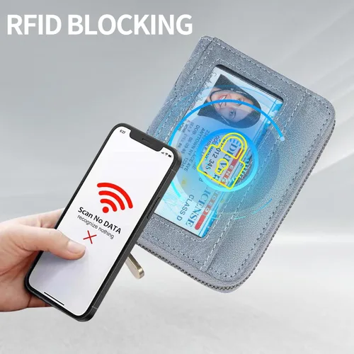 Vista 5 de FALAN MULE Cartera de Cuero para Tarjetas de Crédito con Bloqueo RFID Pequeña para Mujeres con Muñequera, Azul claro, Vintage
