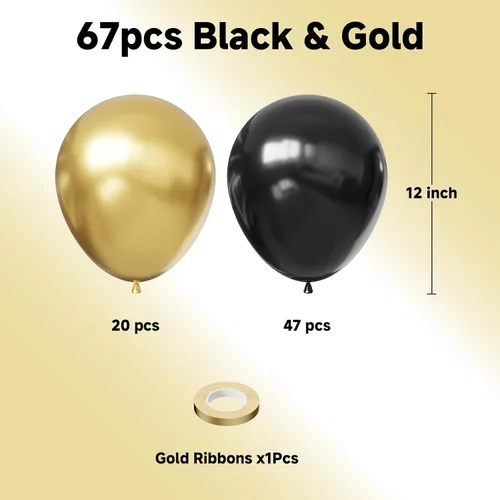 Vista 2 de YMSZ Globos negros y dorados, 67 globos metálicos dorados y negros de 12 pulgadas para cumpleaños, jubilación, graduación, decoración de fiesta