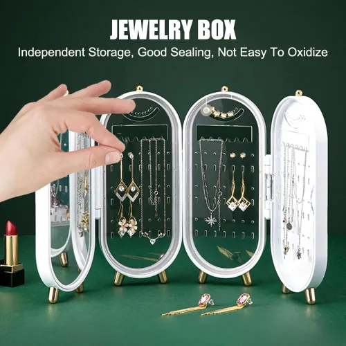 Vista 3 de Tvoip Soporte organizador de aretes, pequeño soporte plegable de 4 capas para joyas a prueba de polvo con 153 agujeros para mujeres, aretes