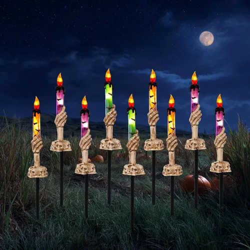 Vista 5 de Hourleey Decoraciones de Halloween, paquete de 10 velas de calavera con estacas, funciona con pilas, impermeable, decoración de camino