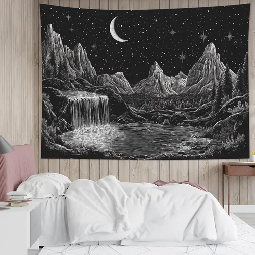 Vista 2 de HVEST Tapiz de montaña blanco y negro para colgar en la pared, diseño de luna psicodélica, galaxia, espacio, árbol, bosque, naturaleza, paisaje