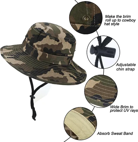 Vista 2 de Sombrero de sol para niños, sombrero de camuflaje para niños, sombrero de pesca de safari, gorra Boonie para niños y niñas al aire libre