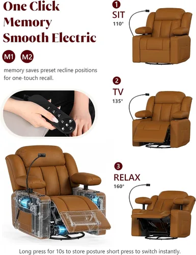 Vista 4 de Silla reclinable giratoria eléctrica con reposabrazos ajustables Marrón
