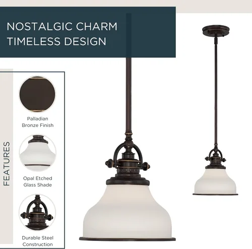 Vista 2 de Quoizel Grant Mini Lámpara Colgante, 8 Pulgadas 1-Luz Bronce Paladiano Cristal Ópalo Grabado Lámpara Colgante, Lámpara de Techo Colgante para Isla