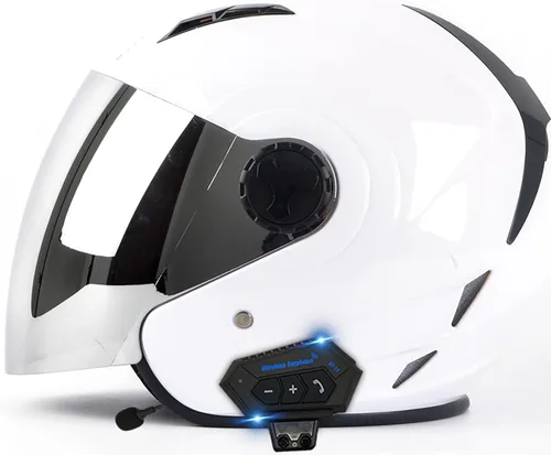 Vista 21 de Casco Bluetooth para motocicleta 3/4, casco retro abierto con visera solar, casco de moto Jet para hombres y mujeres adultos, casco aprobado por DOT