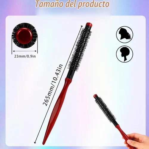 Vista 4 de Cepillo redondo pequeño para soplar – Cepillo de rodillo Quiff de 1 pulgada de diámetro con mango de madera y cerdas de nailon rígidas para peinar