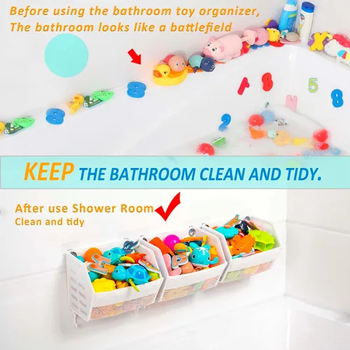 Vista 5 de Ligereza Juego de 3 piezas de soporte para juguetes de baño, organizador de juguetes de baño, soporte multifuncional para juguetes de bañera