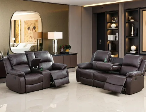 Vista 23 de Juego de Muebles para Sala de Estar, Juego de Sofá Reclinable Manual, Juegos de Sofás Reclinables de Cuero Beige con Mesa Desplegable, Sofá