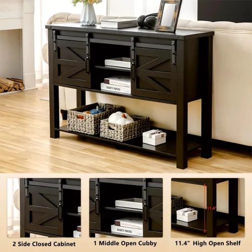 Vista 6 de Mesa de entrada con puertas correderas de granero, mesa consola de granja de 46 pulgadas con almacenamiento, mesa de sofá rústica con estante 2-Negro