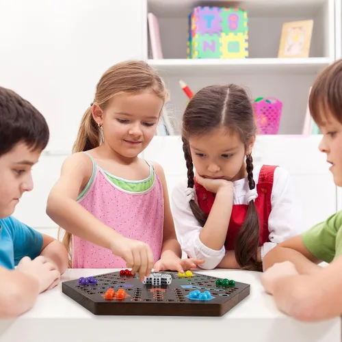 Vista 5 de Wahoo - Juego de mesa de mármol para 4 y 6 jugadores, juego de mesa de madera gruesa pintada de 2 caras para fiesta de familiares y amigos