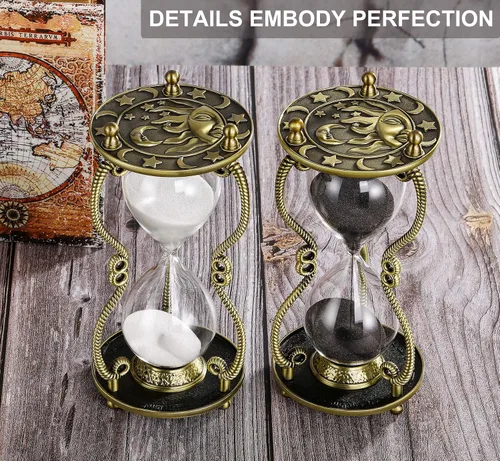 Vista 3 de SuLiao Reloj de arena temporizador de 60 minutos: reloj de arena de latón con grabado de sol y luna, reloj de arena de metal negro de 60 minutos