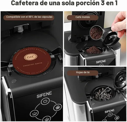 Vista 6 de Cafetera 3 en 1 de una sola porción, cápsula, cafetera molida y tetera, cafetera compacta de preparación rápida con pantalla táctil y depósito