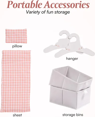 Vista 3 de ROBOTIME Cuna para muñeca, cama de madera para muñecas, cuna de juguete con almacenamiento, ropa de cama y ganchos de madera, cuna para muñecas