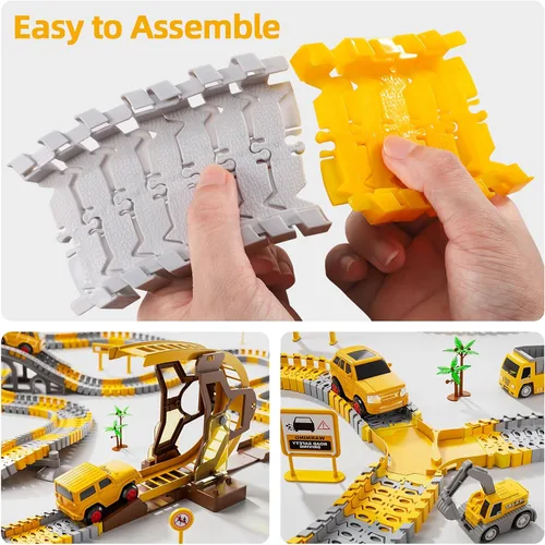 Vista 4 de iHaHa 299 piezas de pistas de carreras de construcción para niños, 6 piezas de autos de ingeniería y pista de carreras flexible crea un camino