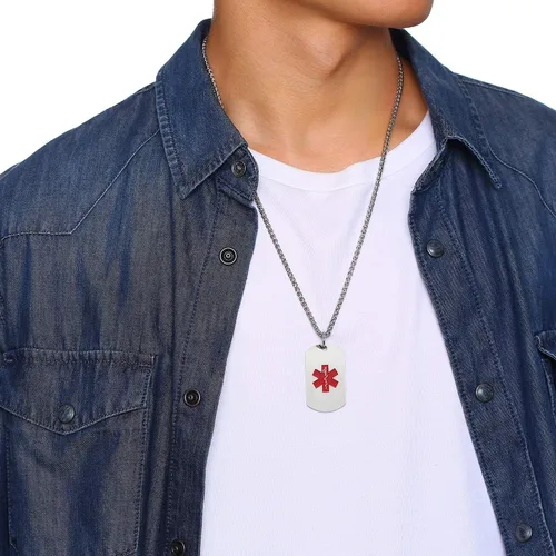 Vista 18 de VNOX Collar con colgante personalizado de acero inoxidable con grabado personalizado para identificación de alerta médica de emergencia para hombres