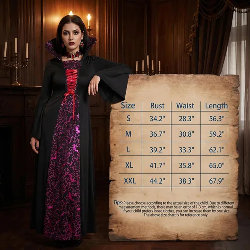 Vista 2 de Disfraz de vampiro para mujer, disfraz real de Halloween para adultos, con dientes de vampiro, colmillos y aretes
