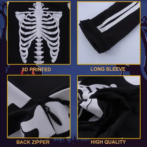Vista 5 de TCHH - Disfraz de esqueleto de Halloween para niños y niñas, estampado 3D, talla 7 a 14 años
