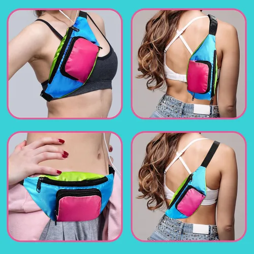 Vista 3 de Xuniea Riñonera retro de neón de los años 80, 2 bolsillos, bolsas para cinturón, disfraces de los años 90 para mujeres y hombres, riñoneras