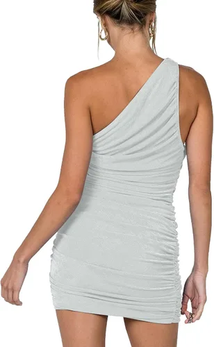 Vista 4 de LFEOOST Vestido de un hombro para mujer, entallado, sexy, entallado, sin mangas, fruncido, mini vestido de verano liso, casual, falda envolvente a